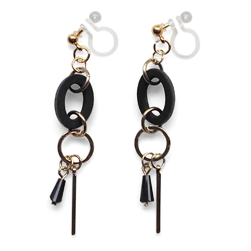 big hoop earrings for women -Black Wood and Gold Hoop Invisible Clip On Earrings