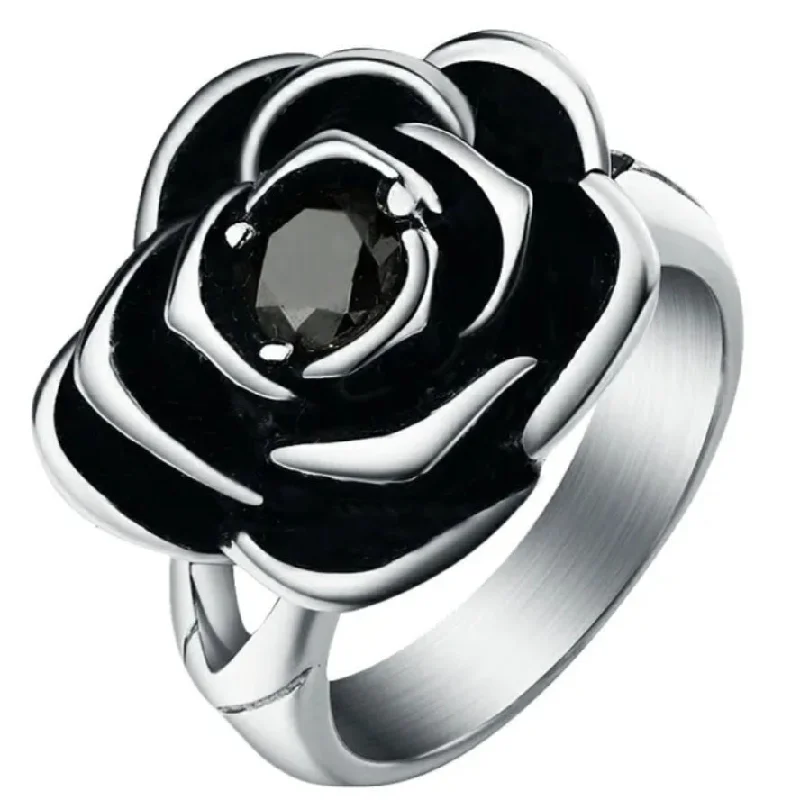 unique rings for women -Stainless Steel Black Ladies CZ Rose Ring