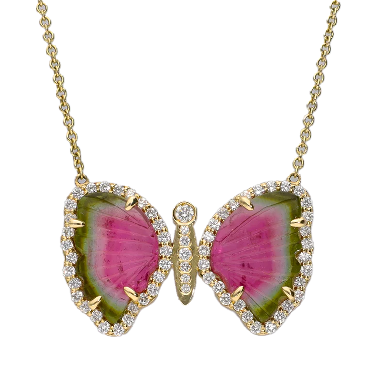 heart-shaped pendant necklaces for women -14K Yellow Gold Tourmaline Slice & Diamond Butterfly Necklace