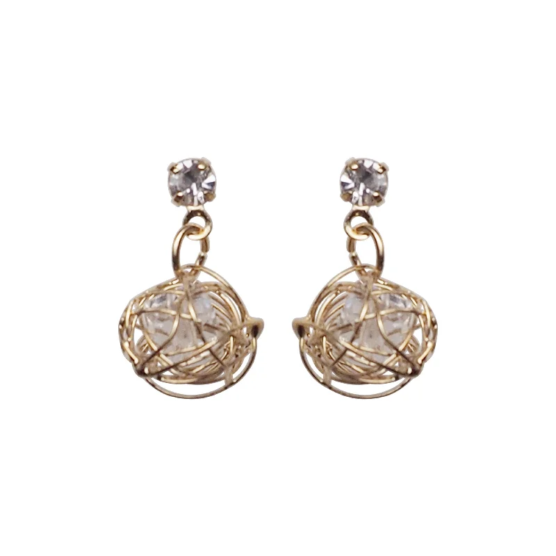 boho earrings for women -Dangle Gold Mesh Ball with Cubic Zirconia Crystal Invisible Clip On Earrings