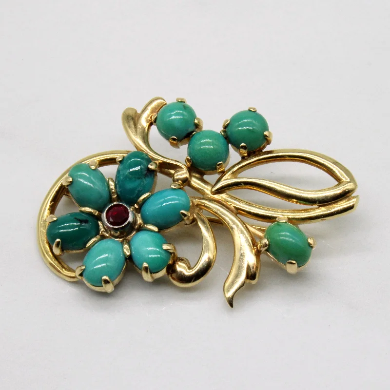 Turquoise & Ruby Floral Brooch | 5.50ctw, 0.20ct |