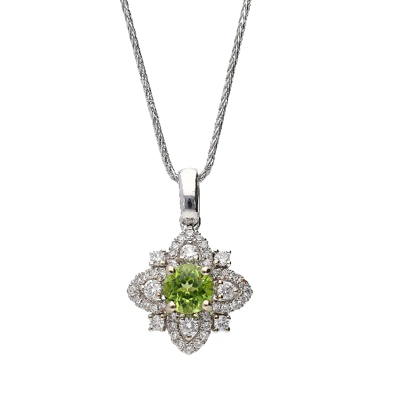 classic gold necklaces for women -14K White Gold Round Peridot & Diamond Pendant on 18" Superflex Wheat Chain