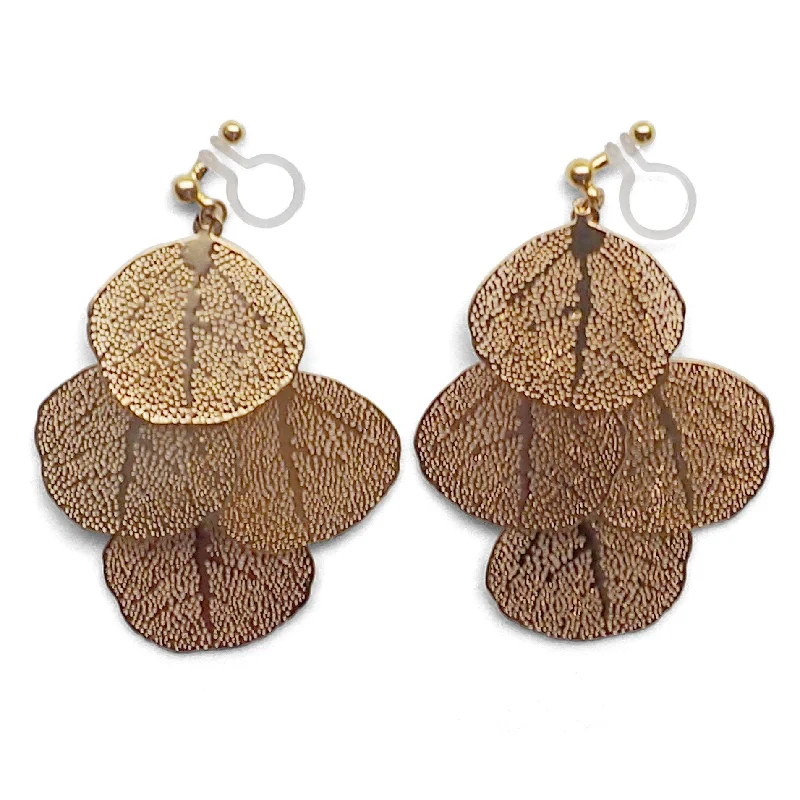 geometric earrings for women -Dangle gold four leaf filigree invisible clip on earrings