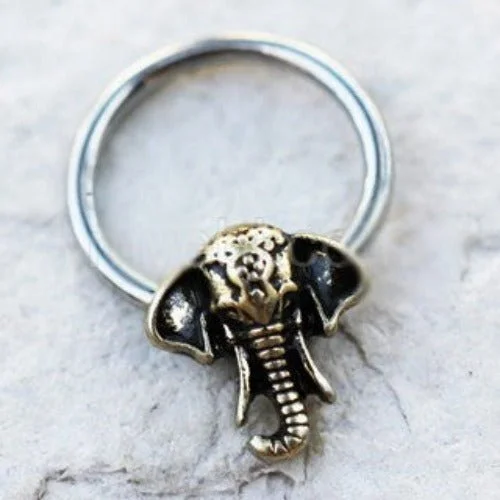 rose gold rings for women -316L Stainless Steel Antique Bronze Plated Elephant Snap-in Captive Bead Ring