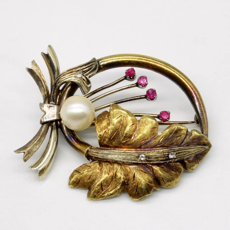 Synthetic Ruby, Paste & Pearl Brooch | 0.12ctw |