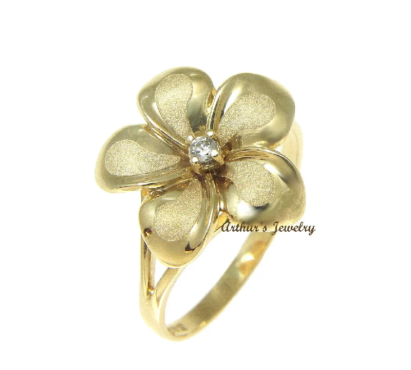 fashion cocktail rings -SOLID 14K YELLOW GOLD 15MM HAWAIIAN SINGLE FANCY PLUMERIA FLOWER RING