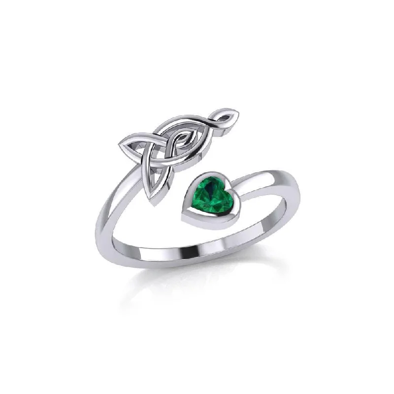 fashion gemstone rings -Celtic Motherhood Triquetra or Trinity Knot Silver Ring With Heart Gem TRI2264