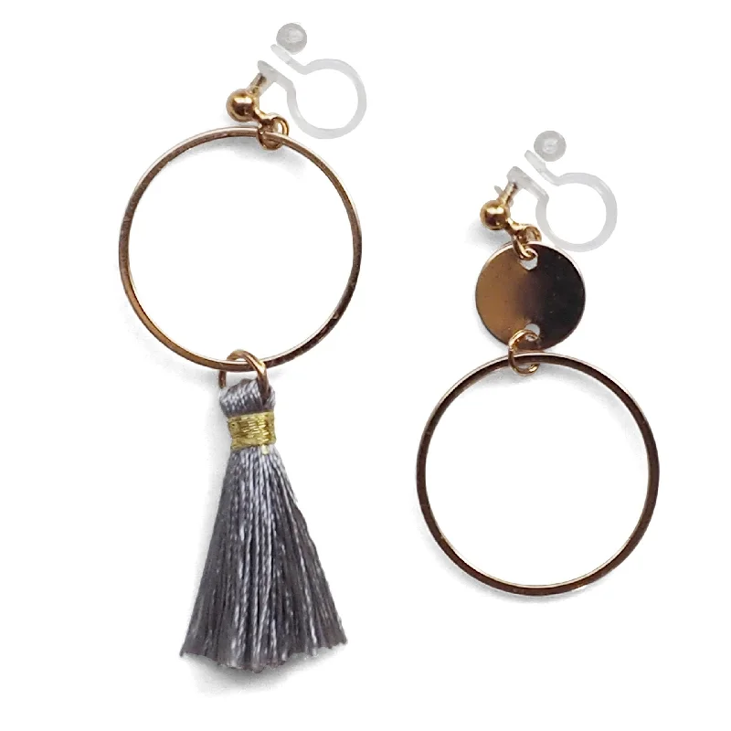 stylish pearl earrings for women -Gray tassel and gold hoop invisible clip on earrings