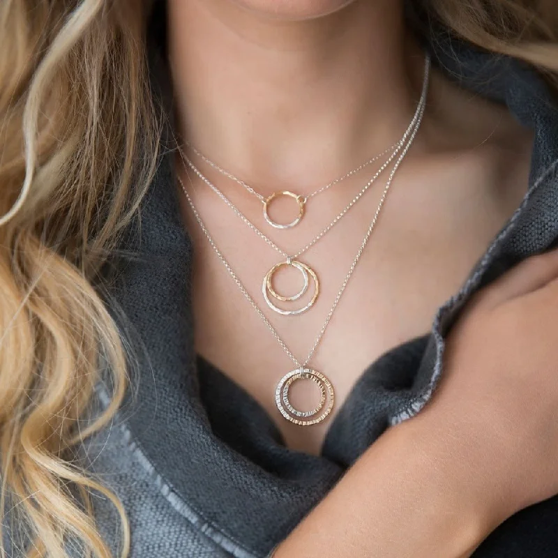 vintage gold necklaces for women -Gold-Fill + Silver Fusion Double Circle Necklace - Hammered