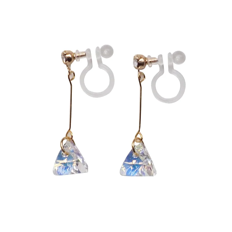 silver earrings for women -Dangle Aurora Borealis Triangle Swarovski Crystal Invisible Clip On Earrings (Gold tone)