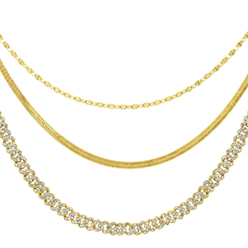 personalized necklaces for women -14k Gold Plated Adjustable Valentina, Herringbone and 8mm Crystal Curb Chain Necklace Set