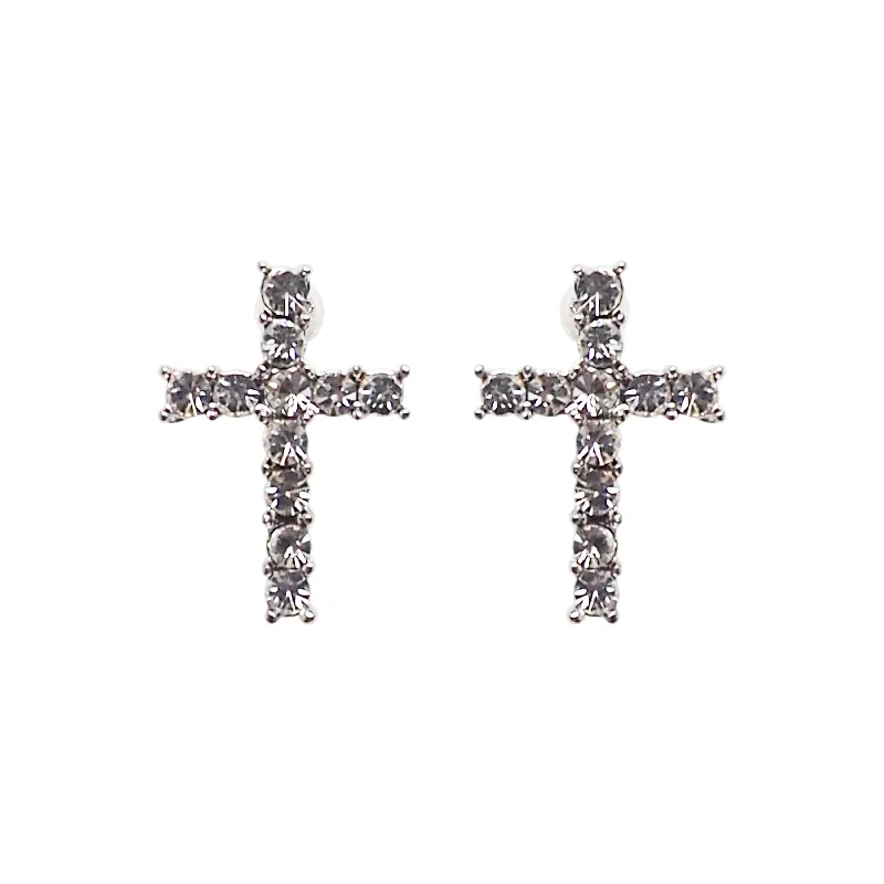 custom earrings for women -Crystal Cross Invisible Clip On Stud Earrings