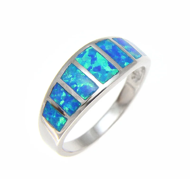 silver statement rings -925 Sterling Silver Rhodium Women Men Blue Opal Ring Size 5-10