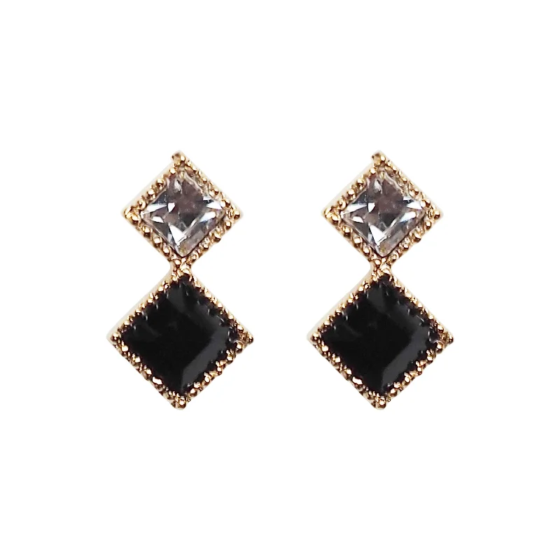 bold gold earrings for women -Square Black & Clear Swarovski Crystal Invisible Clip On Stud Earrings