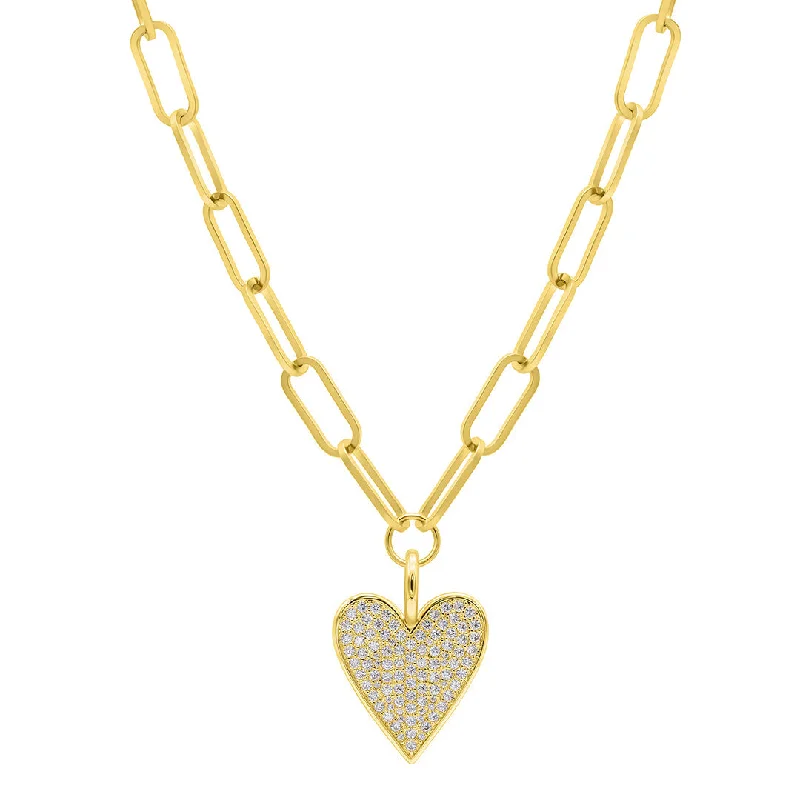 anniversary necklaces for women -14k Gold Plated Adjustable Chunky Paperclip Link Pave Heart Necklace