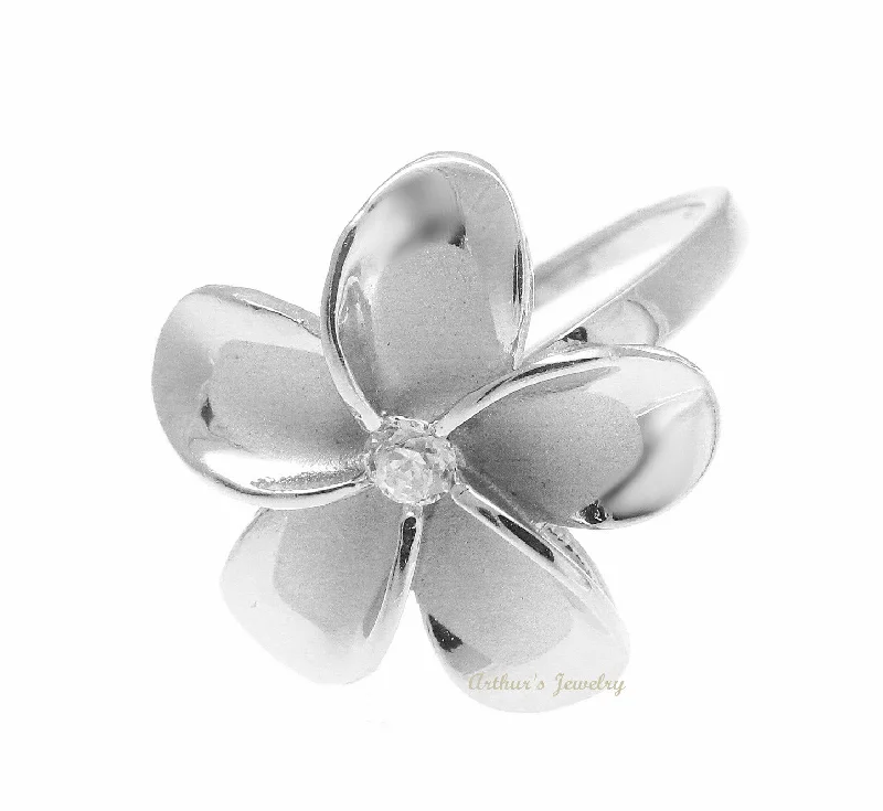 twisted rings for women -STERLING SILVER 925 HAWAIIAN PLUMERIA FLOWER RING 21MM CZ RHODIUM SIZE 3-12