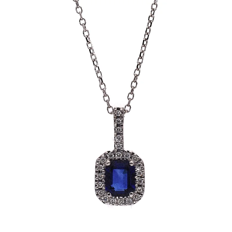 bridal necklaces for women -14K White Gold Emerald Cut Sapphire & Diamond Pendant Necklace