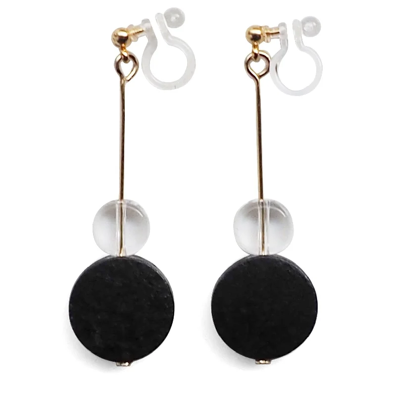 gold stud earrings for women -Black Wood and Clear Disk Invisible Clip On Earrings