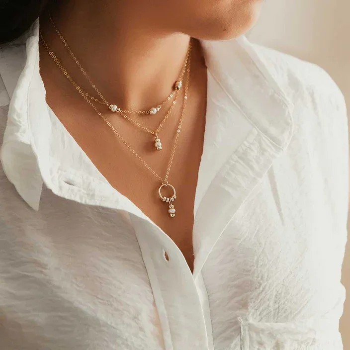 trendy pendant necklaces for women -Comfort Collection - Pearl + Gold Bead Trio Necklace