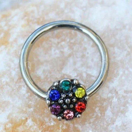 adjustable rings for women -Rainbow Flower Snap-in Captive Bead Ring / Septum Ring