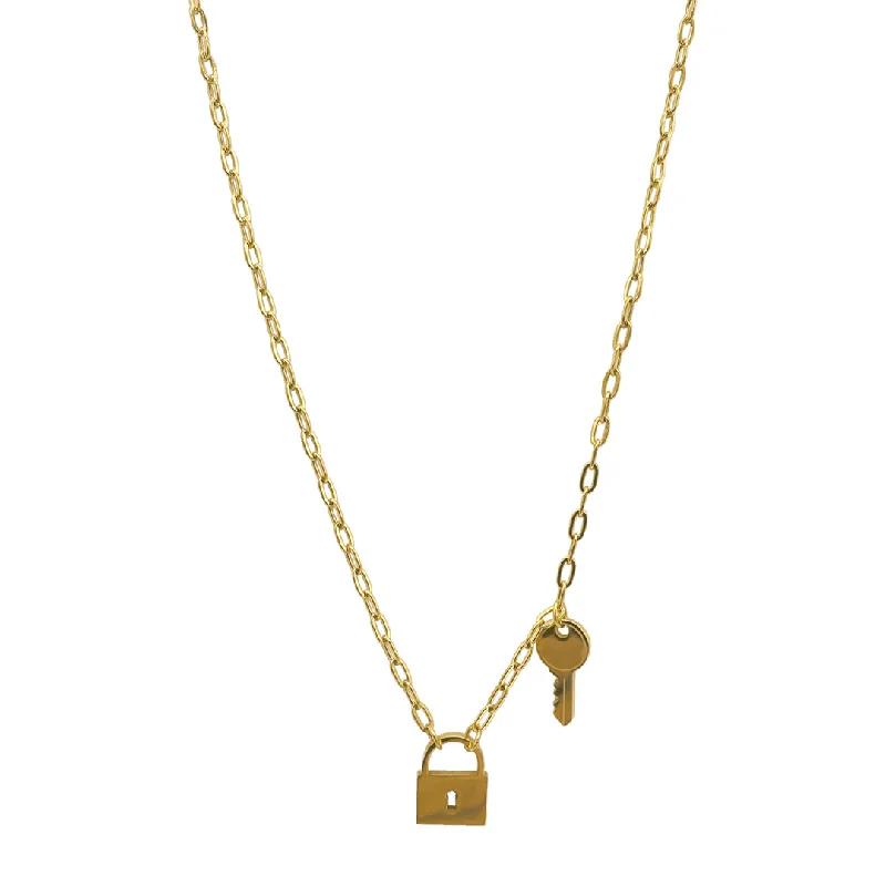 vintage necklaces for women -Tarnish Resistant 14k Gold Plated Lock and Key Chain