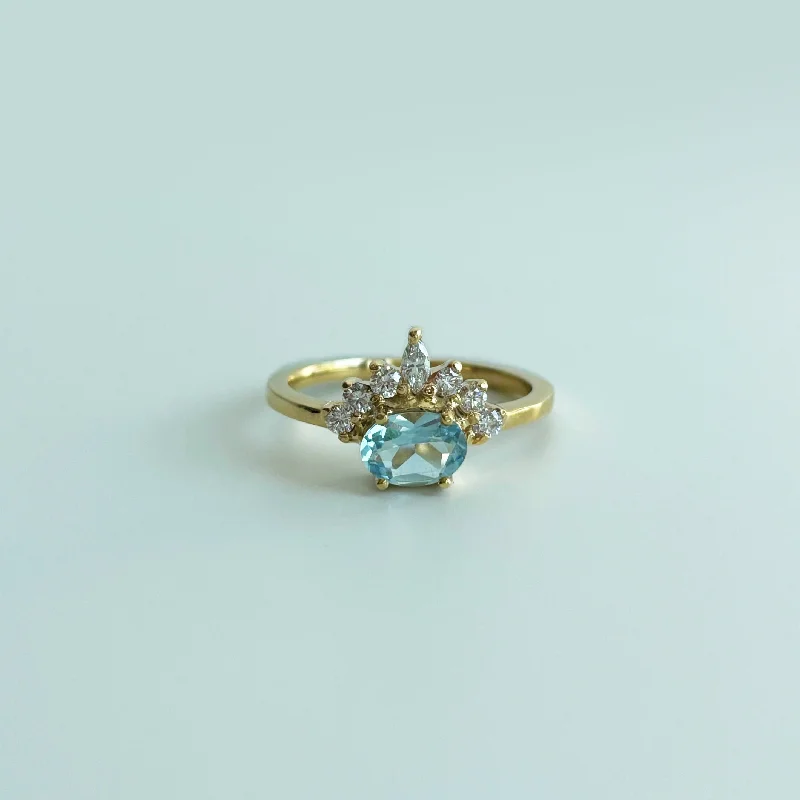 bridal gold rings for women -Aquamarine (0.545 ct) with Diamond Crown Ring, Solid 14k Gold | ONE-OF-A-KIND