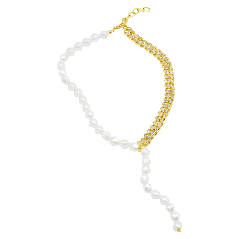 zodiac necklaces for women -14k Gold Plated Half and Half Pearl Lariat Chain Necklace