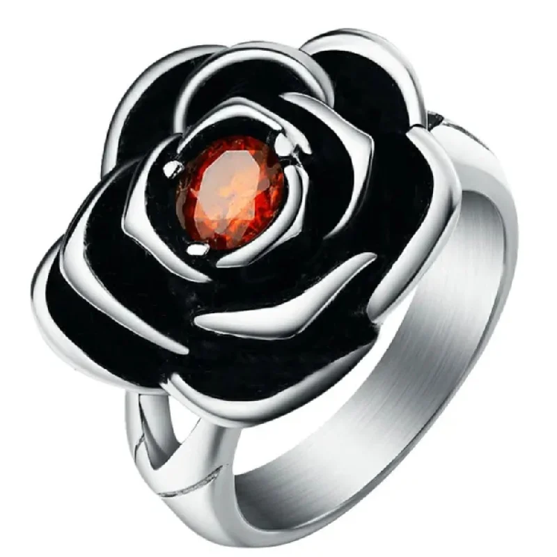 trendy rings for women -Stainless Steel Red CZ Rose Ring