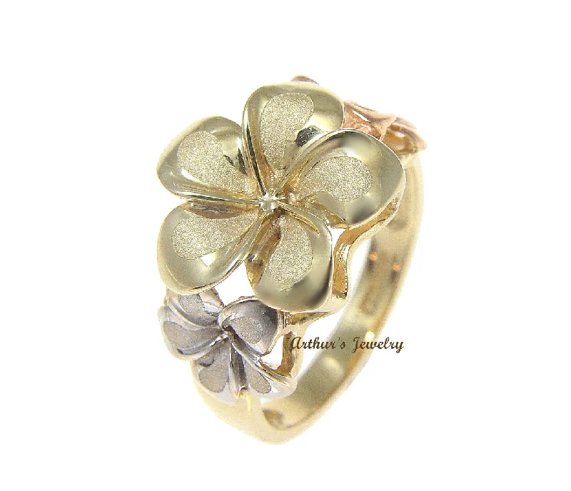 big statement rings -SOLID 14K TRICOLOR GOLD 8.5MM-13MM-8.5MM HAWAIIAN PLUMERIA FLOWER RING