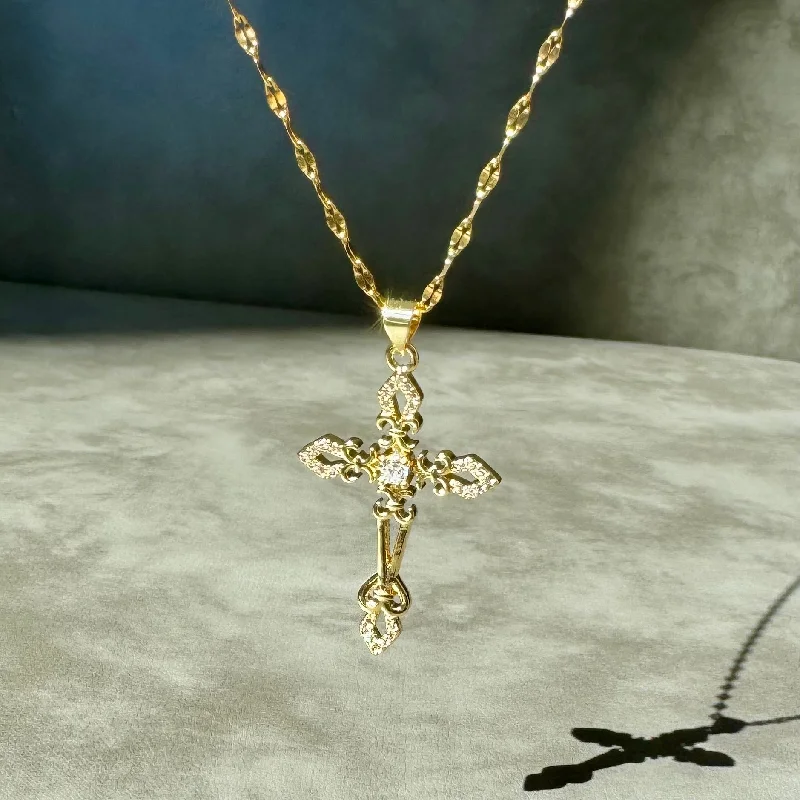 simple gold necklaces for women -Ornate Gold Crystal Cross Necklace