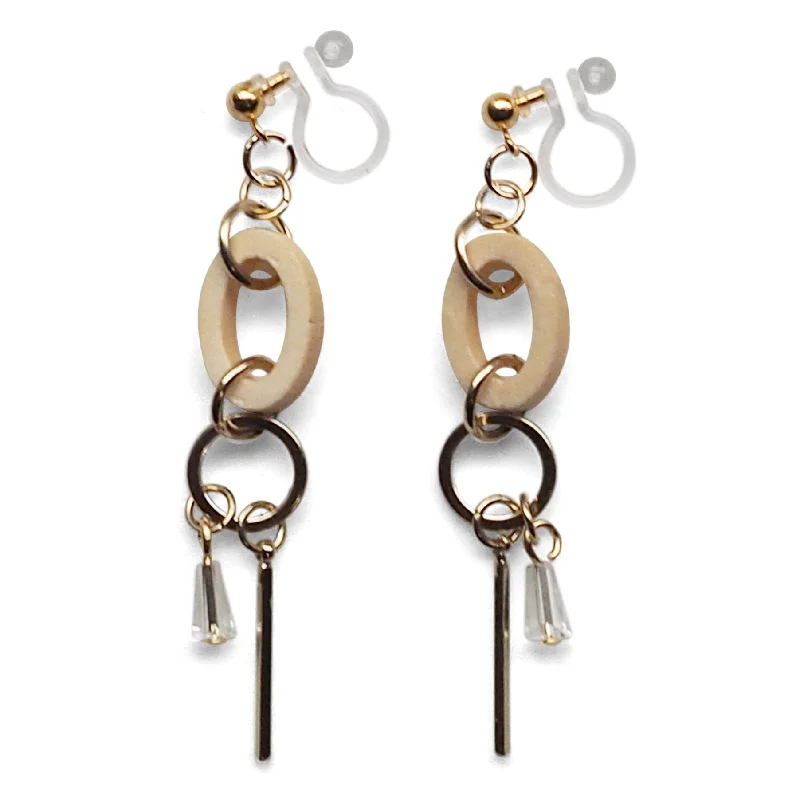 statement drop earrings for women -Beige Wood and Gold Hoop Invisible Clip On Earrings