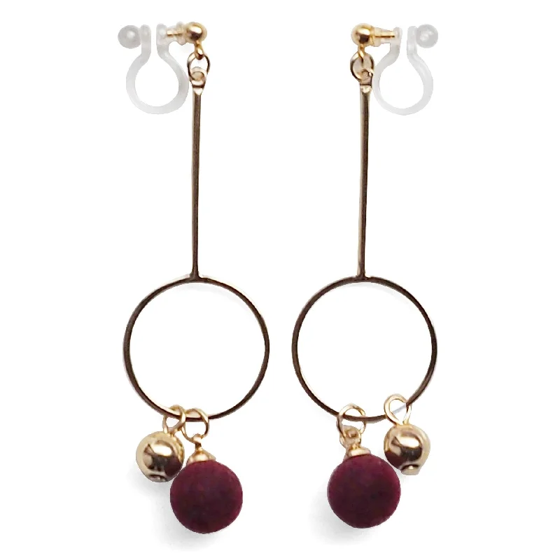 birthday gift earrings for women -Burgundy Velvet and Gold Ball Invisible Clip On Earrings