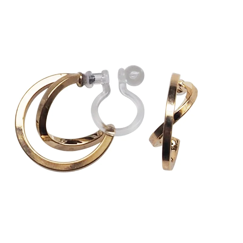 luxurious pearl drop earrings -Gold Huggie Crossed Invisible Clip On Hoop Earrings