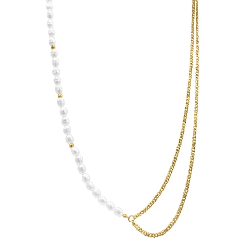 minimalistic gold necklaces for women -Tarnish Resistant 14k Gold Plated Draped Pearl and Curb Chain Necklace