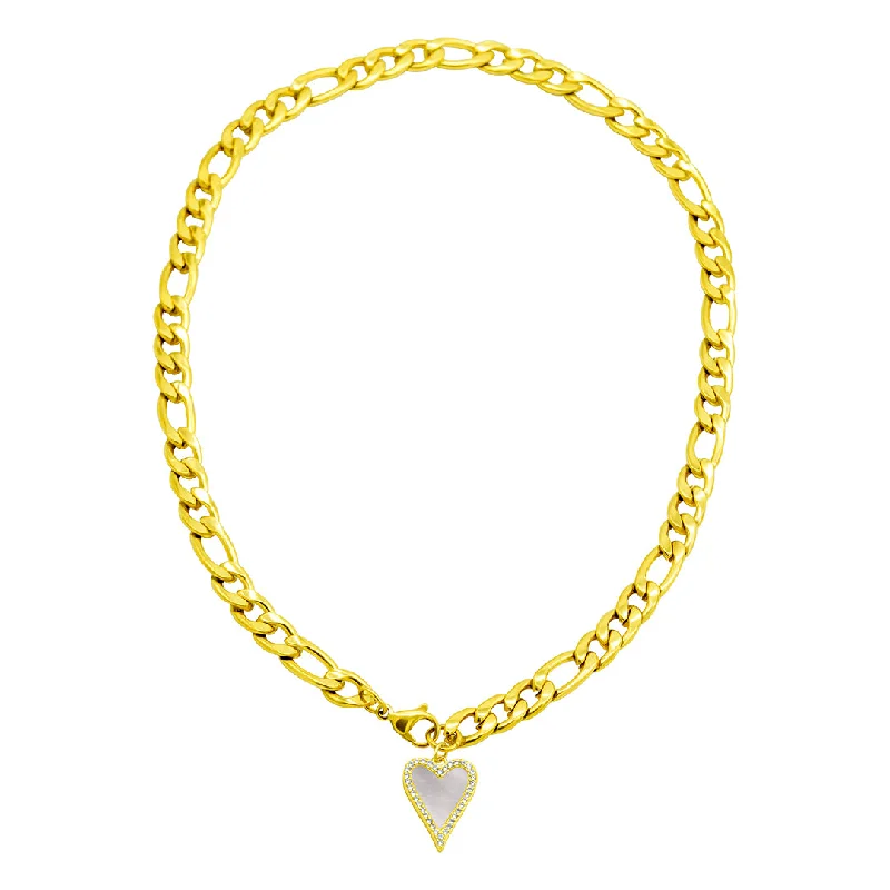 sparkling necklaces for women -Tarnish Resistant 14k Gold Plated Figaro Chain With Crystal Halo Mother-of-Pearl Heart