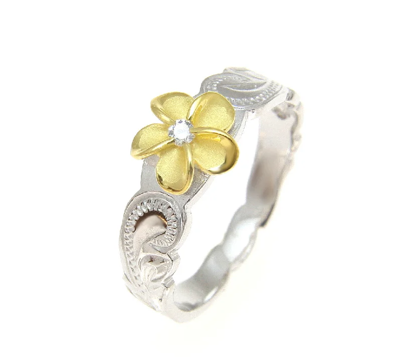 engraved rings for women -925 Sterling Silver Rhodium Hawaiian Scroll Yellow Gold CZ Plumeria Flower Ring