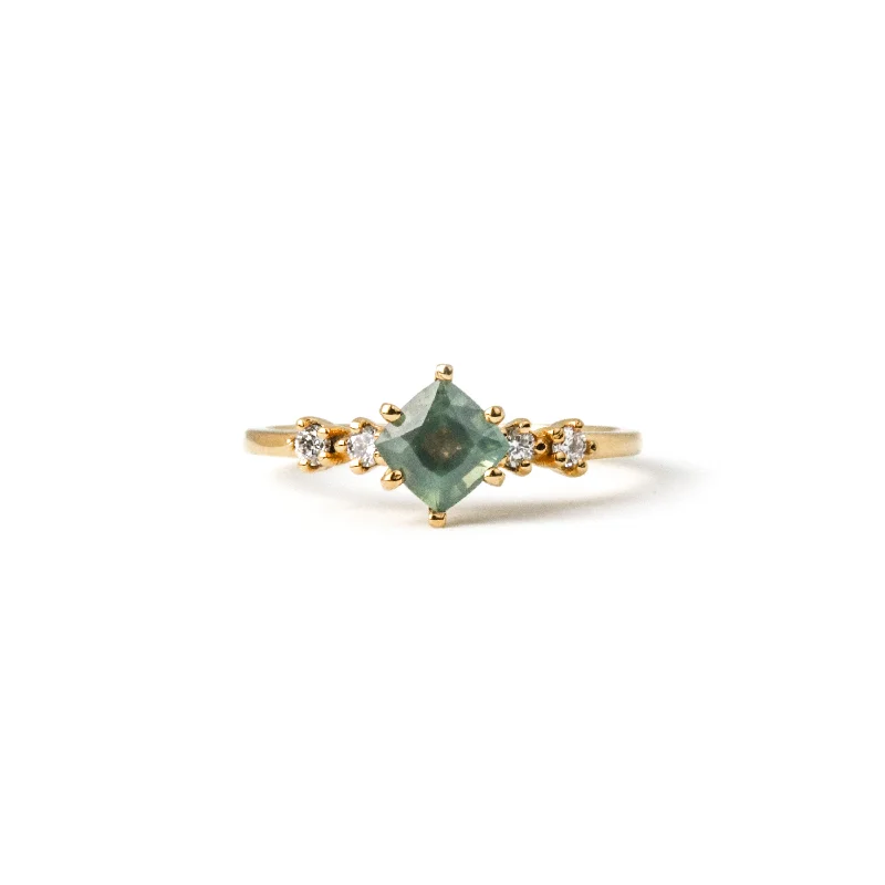 personalized rings for women -Ring with Cushion Cut Teal Sapphire (0.89 ct) and Diamonds, Solid 14k Gold | ONE-OF-A-KIND