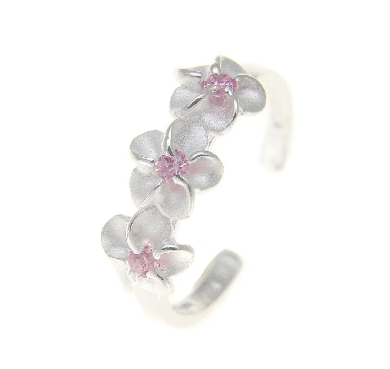 silver rings for women -925 Sterling Silver Hawaiian Triple Plumeria Flower Pink CZ Open Toe Ring