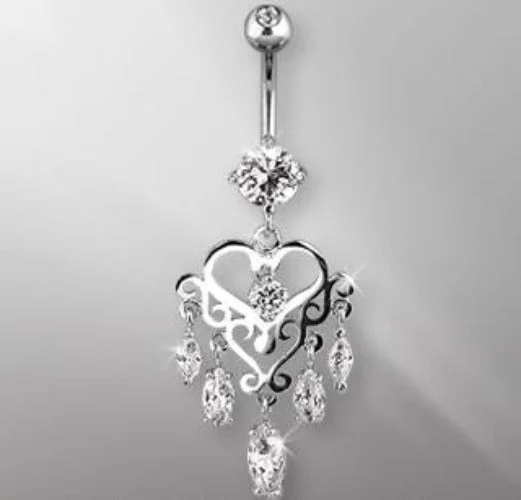 solitaire rings for women -316L Surgical Steel Gemmed Chandelier Heart Dangle Navel Ring