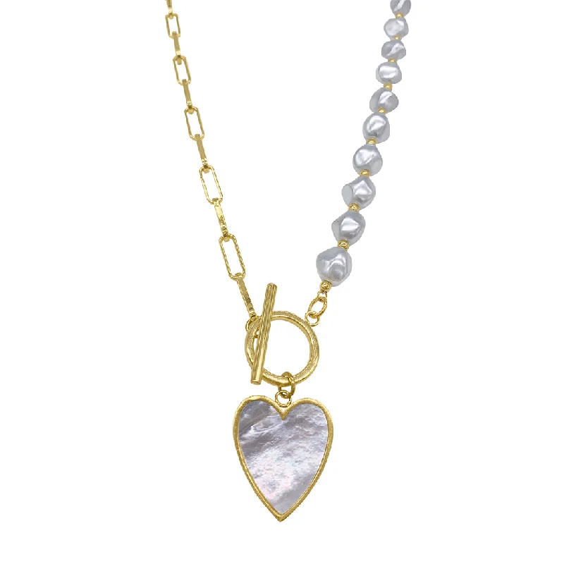 anniversary necklaces for women -14k Gold Plated Pearl and Chain Heart Toggle Necklace