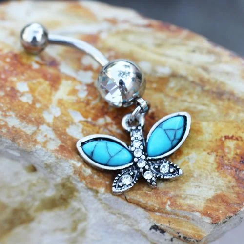 gemstone wedding rings -Butterfly Dangle Navel Ring