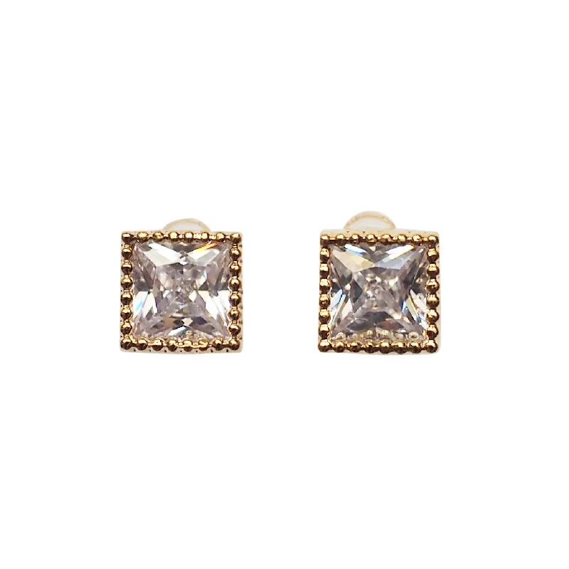 romantic earrings for women -Square Cubic Zirconia Crystal Invisible Clip On Stud Earrings ( Gold tone )