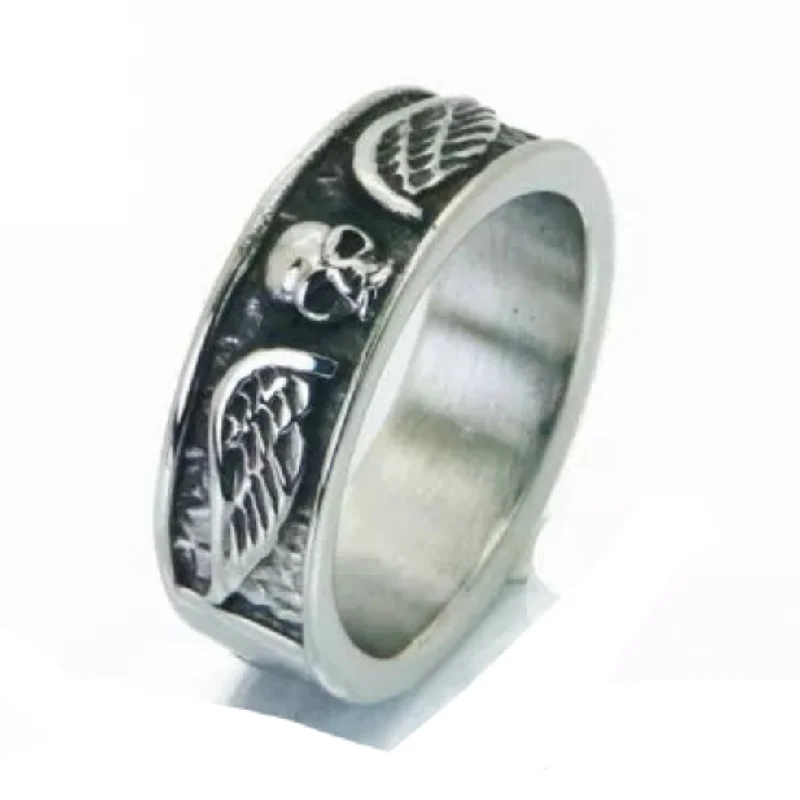 custom engagement rings -Stainless Steel Skull Wing Ring