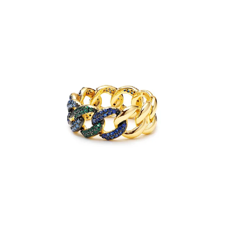 cocktail gemstone rings -THE BLUE & GREEN HALF STONE CUBAN LINK RING