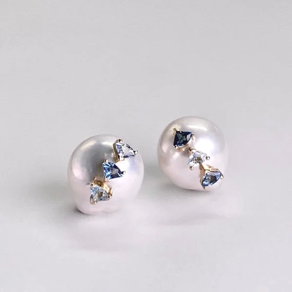 trendy earrings for women -ANSWER B. by Bianca Chong- Pearl Trilogy Earrings ( Aquamarine & London Blue Topaz)