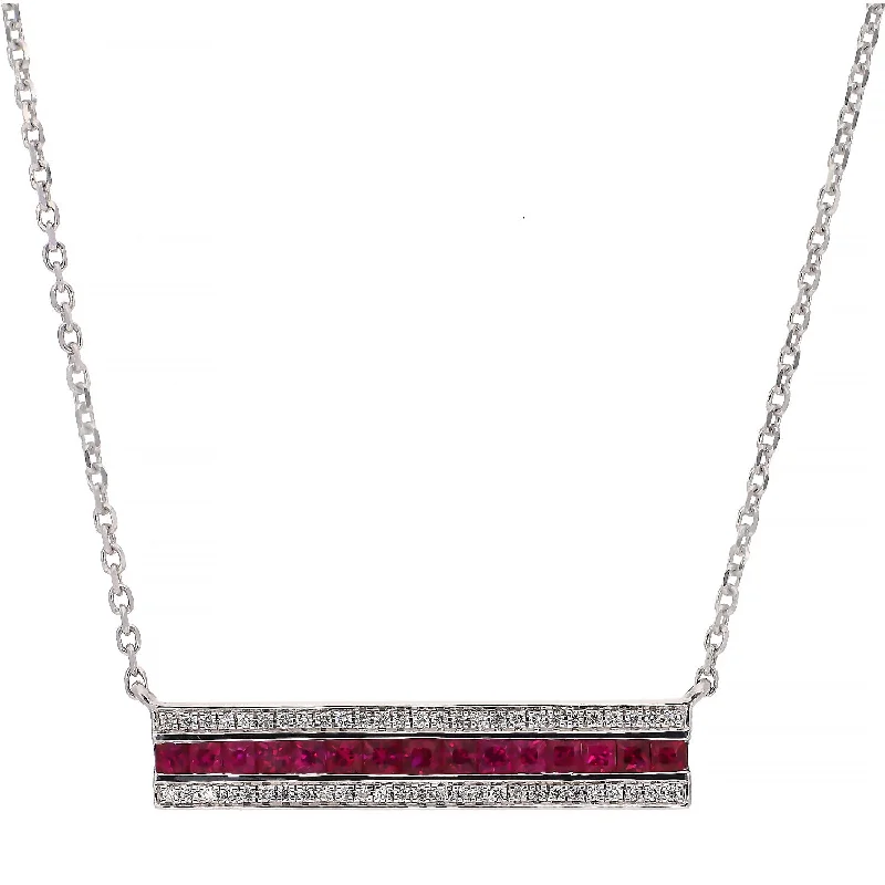 birthstone necklaces for women -14K White Gold Diamond and Ruby Bar Station Necklace