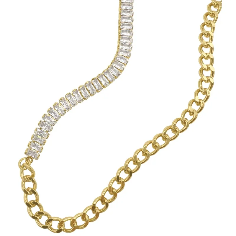 chic necklaces for women -14k Gold Plated Mix Curb Chain and Baguette Tennis Necklace