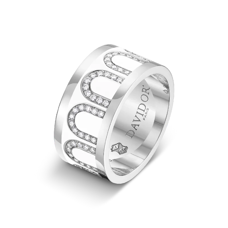 engraved necklaces for women -L'Arc de DAVIDOR Ring GM, 18k White Gold with Neige Lacquered Ceramic and Arcade Diamonds