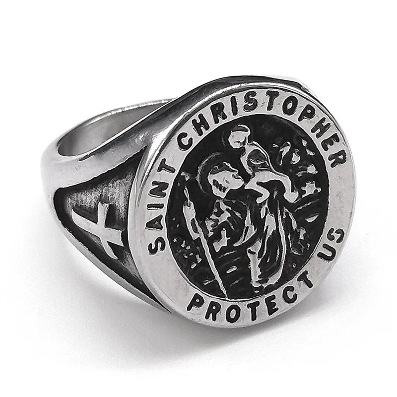 custom rings for women -St. Christopher Protect us Stainless Steel Ring