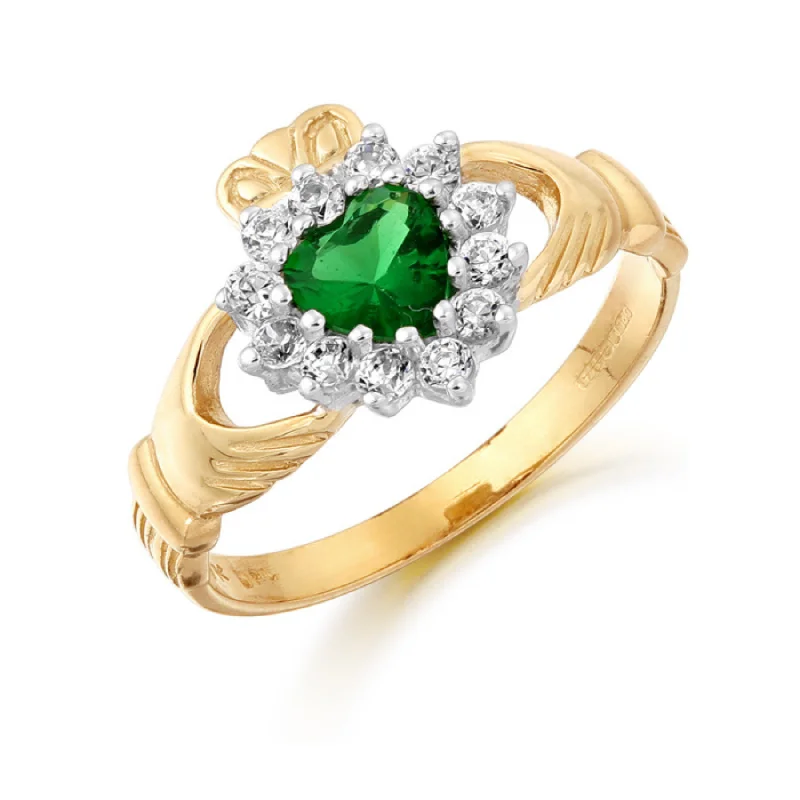 men’s style rings for women -May Birthstone Claddagh Ring - 9ct Gold